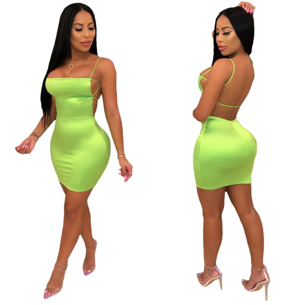 Echoine Sexy Spaghetti Straps Solid Color Low Cut Dress Bandage Backless Bodycon Clubwear Outfits Summer Ladies 2019 | Женская одежда
