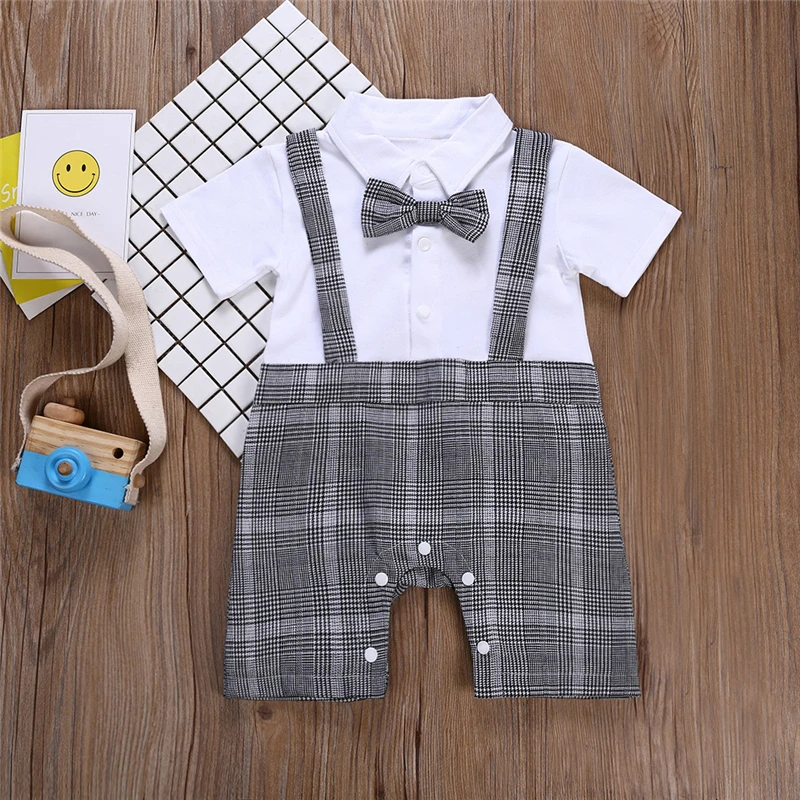 

Baby Boys Clothes Cotton Gentleman Tie Romper Infant Jumpsuit Toddler Short-sleeved Plaid straps False Two Climbing Clothing