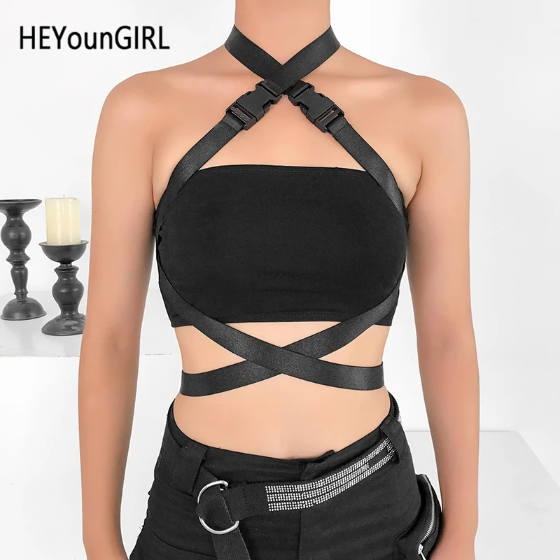 HEYounGIRL черный женский топ на бретелях Харадзюку, без рукавов, с открытой спиной, Короткие топы, футболки с перекрестной повязкой, летний топ, уличная одежда