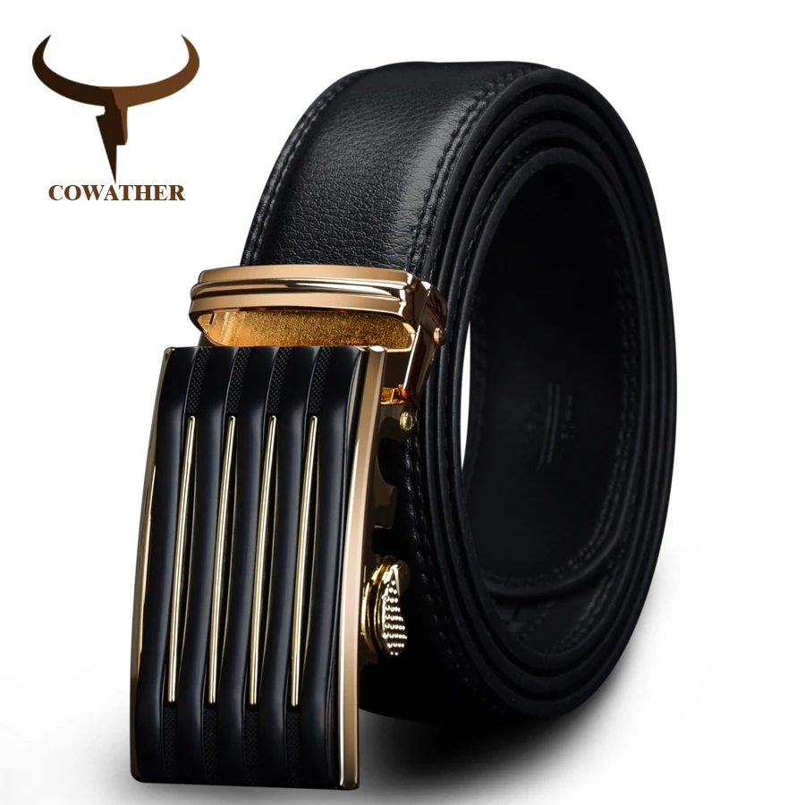 

COWATHER Leather belts Automatic Buckle Cowhide Leather men belt Fashion Luxury male Straps Black Straps Alloy Buckle CZ030