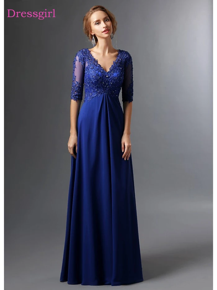 

Royal Blue Mother Of The Bride Dresses A-line V-neck Half Sleeves Chiffon Lace Long Elegant Groom Mother Dresses Wedding
