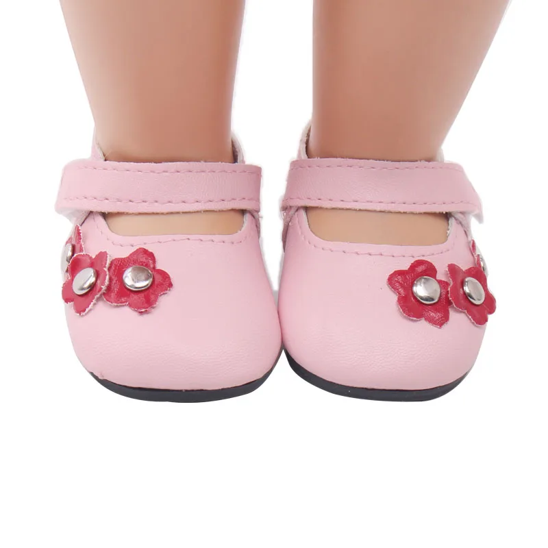 

18 inch Girls doll shoes pink PU shoes red flower dress shoes American new born accessories Baby toys fit 43 cm baby s143