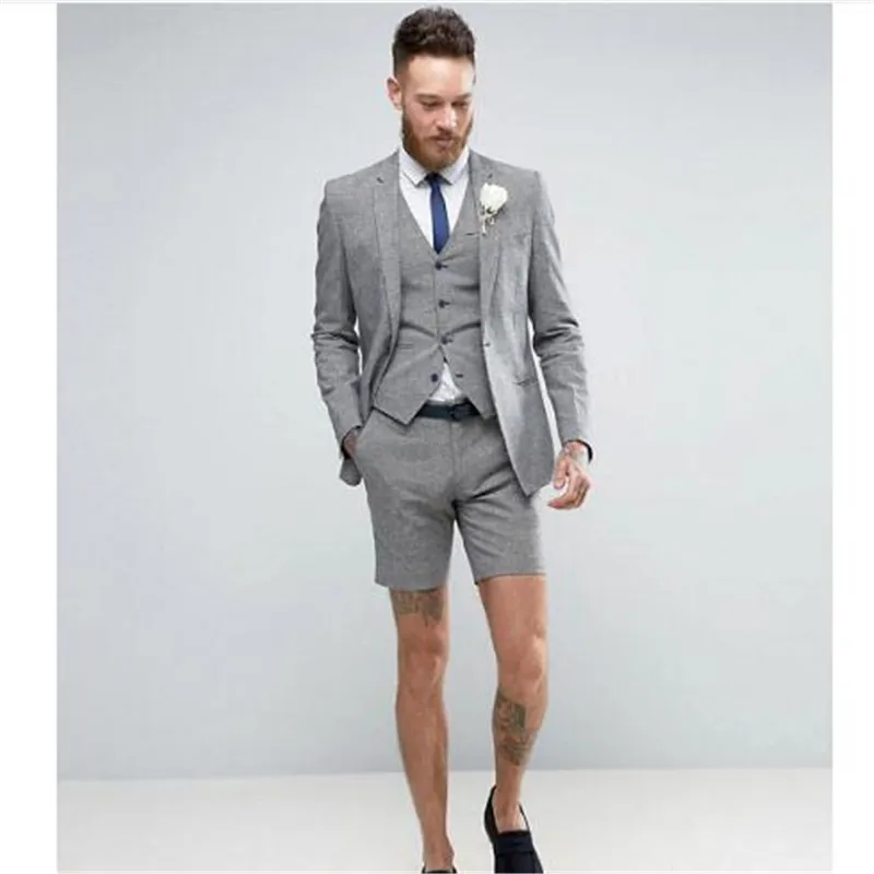 2022 Light Grey Shorts Summer Elegant Men's Suit (Jacket +Pants+Vest) Casual Groom Tuxedo Beach Wedding Suits Best Man Blazer