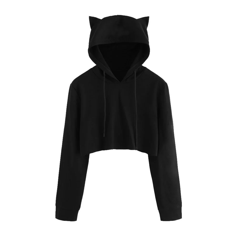 

Vintage Cute Ear Cat Winter Hoodies Sweatshirt Black Hooded Pullovers Women Autumn Long Sleeve Casual Crop Tops Loose Hoodies