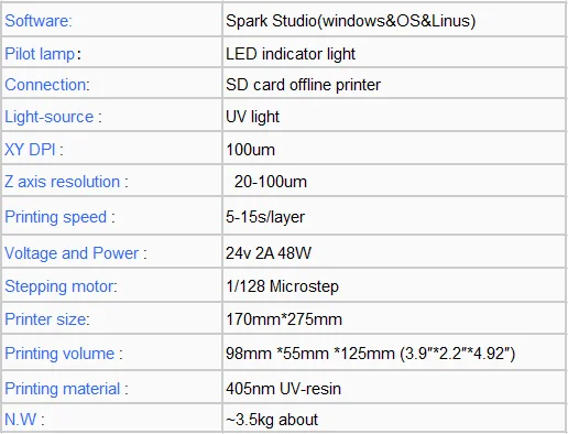 Sparkmaker свет отверждения 98*55*125 мм встроенный объем sla lcd/dlp 3d принтер УФ Смола 3d принтер