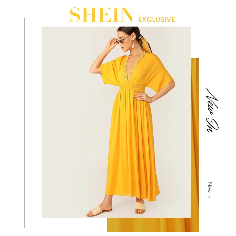 SHEIN Женские Летние Платья С Кружевами И V-Образным Вырезом И отделкой Яркое Летнее Макси Платье