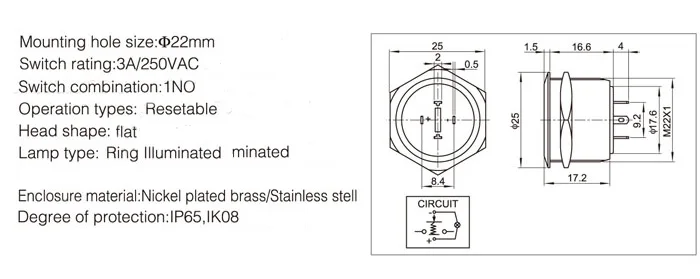 22 мм LED кнопочный металлический переключатель Водонепроницаемая нержавеющая