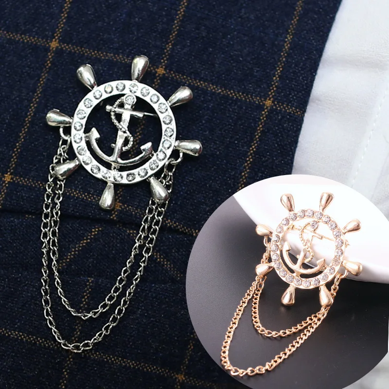 

2018 European and American ship anchor brooch fashionable navy ship rudder men's suit pin brooches jewelry Accessories