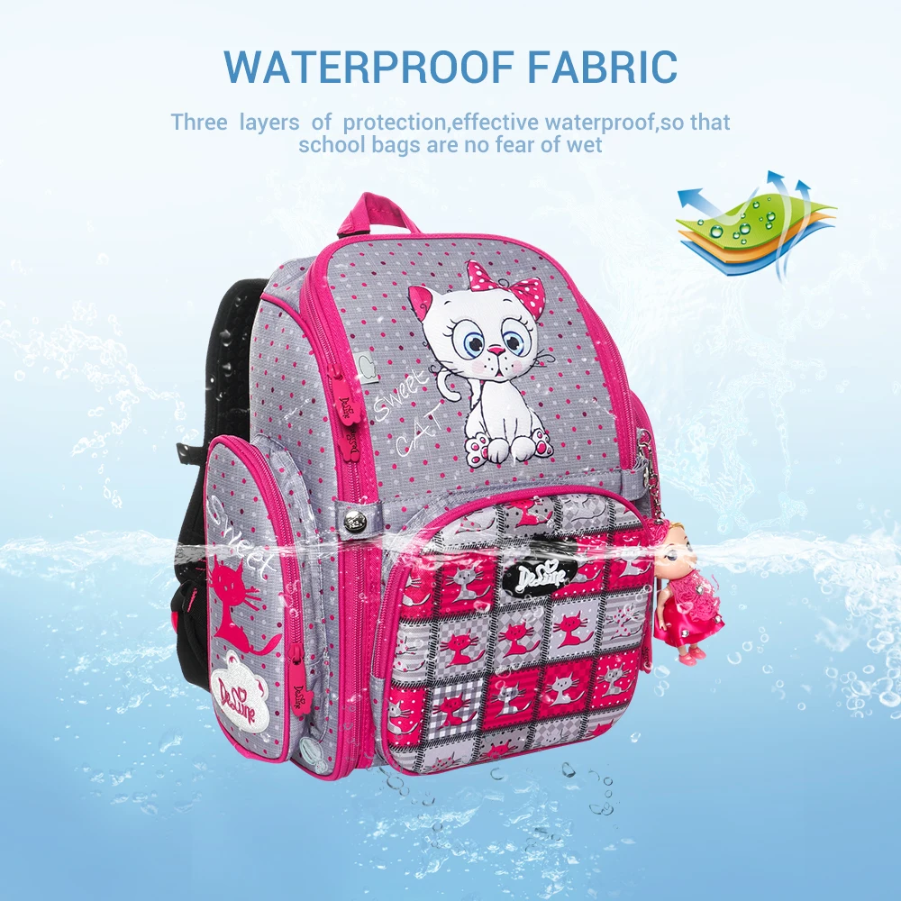 Delune Brand Girls Lovely Cat 3D Orthopedic School Bags for Children Boys SUV Cars Schoolbag Backpack Mochila Infantil Grade 1-5