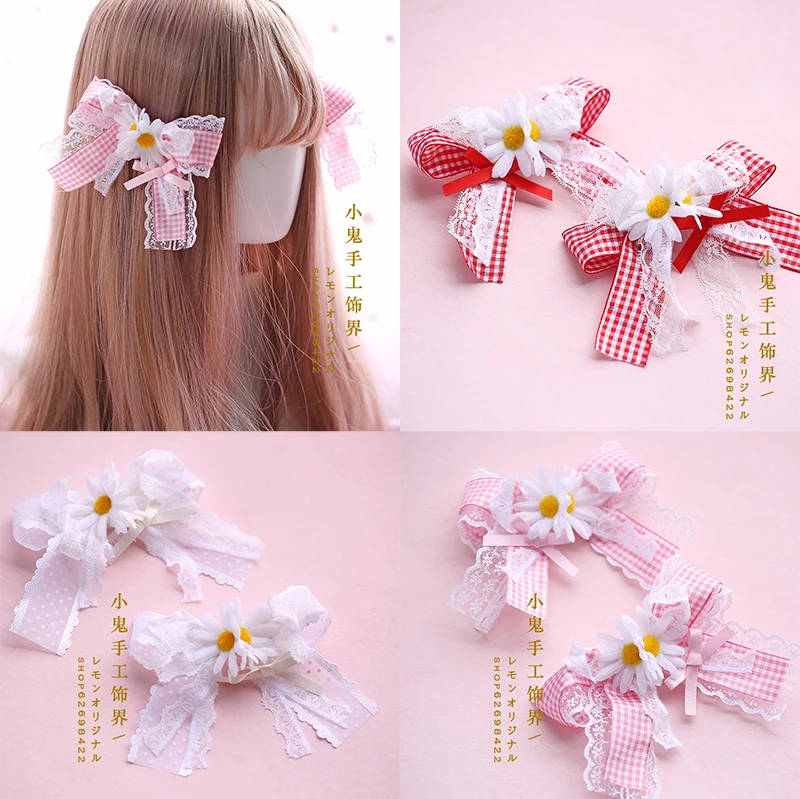 

Japanese soft sister cute cute lolita plaid lace bow hairpin hairpin hair accessories streamer side clip