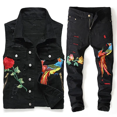Mens Sets Новые мужские черные комплекты, модный Весенний костюм с вышивкой в виде цветка Феникса, потертые джинсовые жилеты+ штаны, Мужская одежда, комплекты из 2 предметов - Цвет: Mens Sets