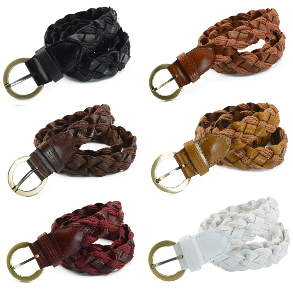 

Men Women Vintage Round Buckle Belt Faux Leather Braided Casual Jeans Waistband BLTHG0343