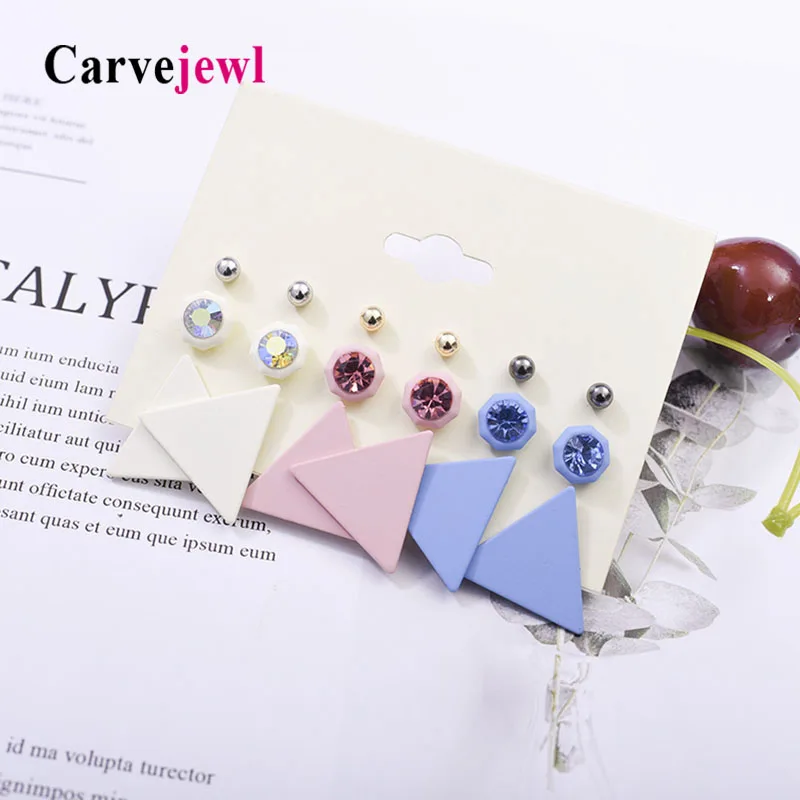 

Carvejewl 9 pairs per card stud earrings for women jewelry cute heart flower balls triangle octagon crystal rhinestone earrings