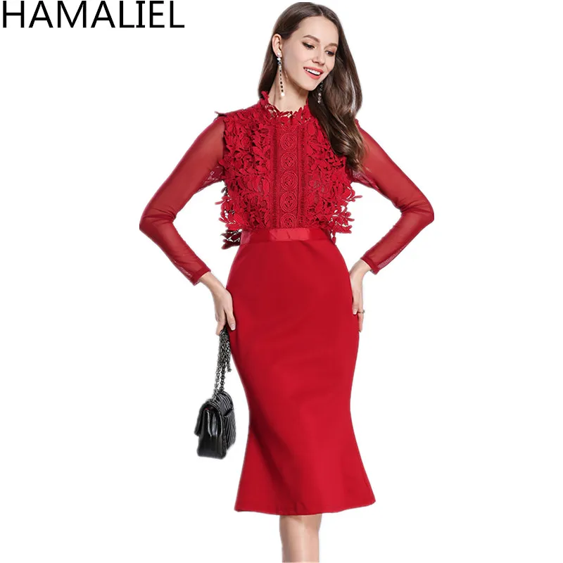 Женское платье Русалка HAMALIEL красное с длинным рукавом и кружевами в стиле