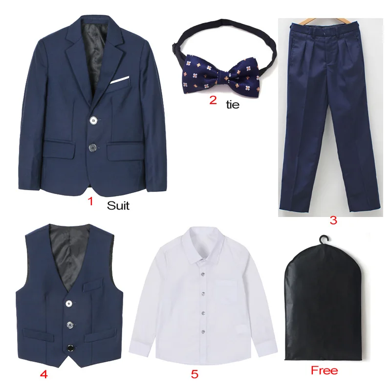 Navy 5pcs Брендовый деловой костюм с цветочным узором для мальчиков; свадебное студенческое платье; джентльменская Детская куртка; жилет; брюки; костюмы для церемонии с галстуком-бабочкой - Цвет: Navy 5pcs