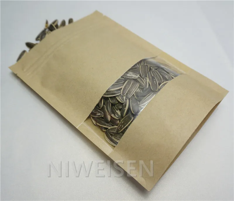 16x24 см 100 шт стоят вверх крафт бумажные мешки с прозрачным окном пакет застежкой