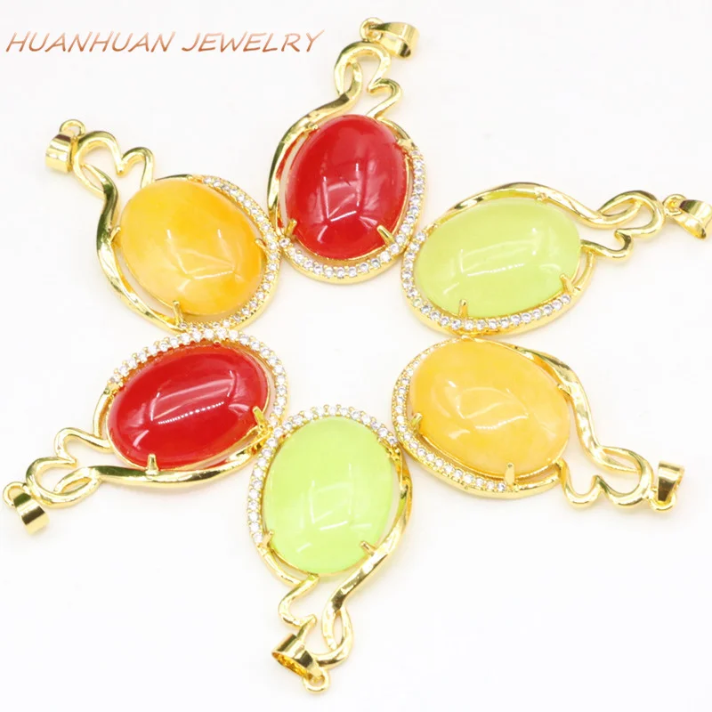 

19x36mm Drop Natural Stone Jades Chalcedony Chain Pendant For Women Zircon Gold-Color Stainless Steel Necklaces & Pendants B3340