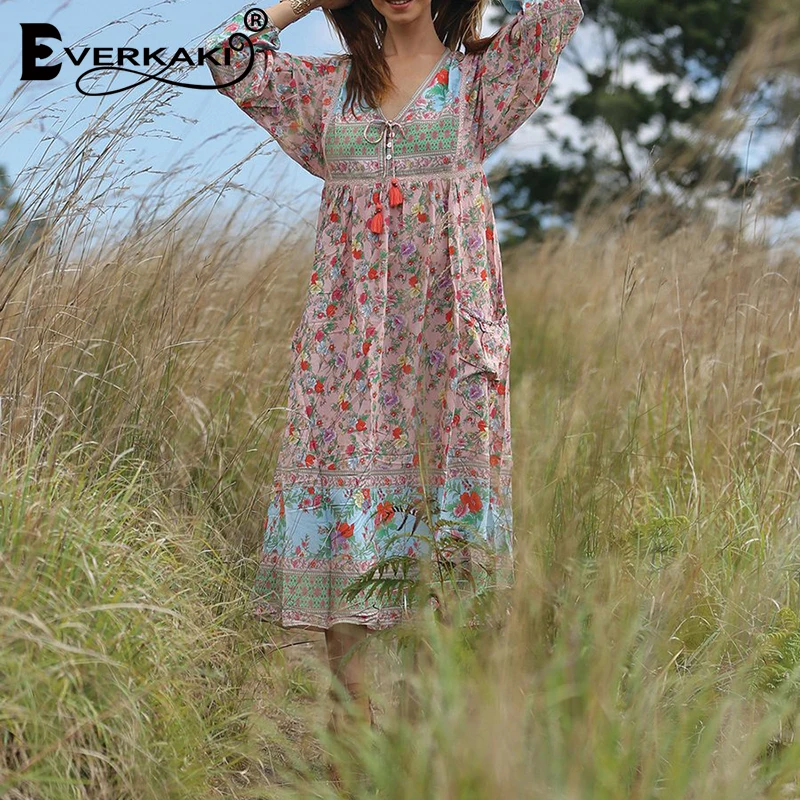 Everkaki Boho платье с цветочным принтом женское Цыганское Платье v образным вырезом и