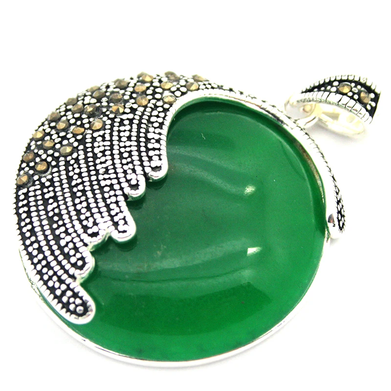 925 пробы серебро верт Naturel Pierre Marcassite Круглый круглый Pendentif 35 мм