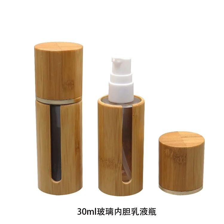 30ML 10pc/lot empty Bamboo Cosmetic Lotion Refillable Bottle High Grade Bamboo Foundation Bottles, Glass DIY Lotion Pump Bottle