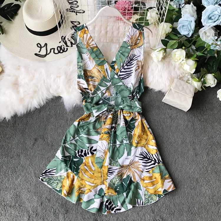 Пляжный Boho короткий женский летний комбинезон с открытой спиной и v-образным вырезом без рукавов комбинезон корейский цветочный принт плюс размер женский комбинезон