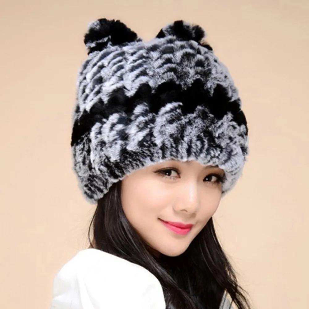 

Knitted Real REX rabbit fur hat cute cat beanie winter fur cap headgear head warmer headdress 14613