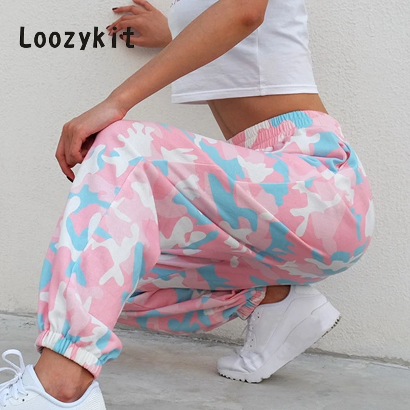 LOOZYKIT, розовые женские брюки с камуфляжным принтом, Женские повседневные длинные штаны с высокой талией,, уличная одежда, свободные женские брюки