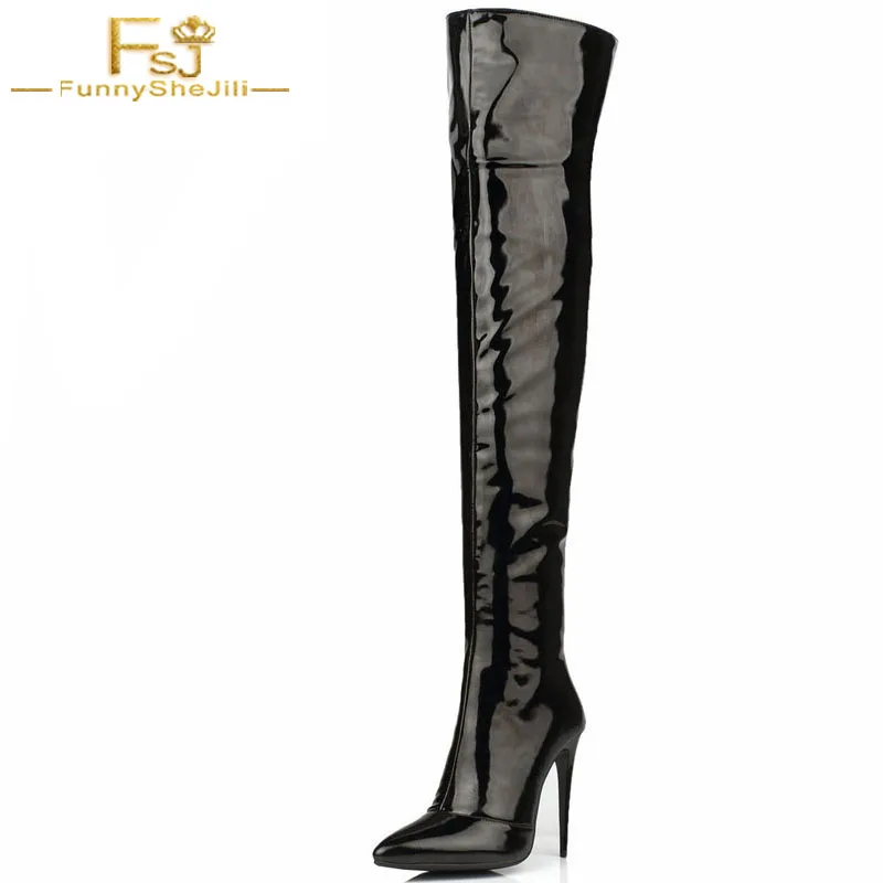 

FSJ Fashion Black Leather Over the Knee Motorcycle Boots for Women Pointy Toe Stiletto Heel Zip Novelty Long Winter Booties 2021
