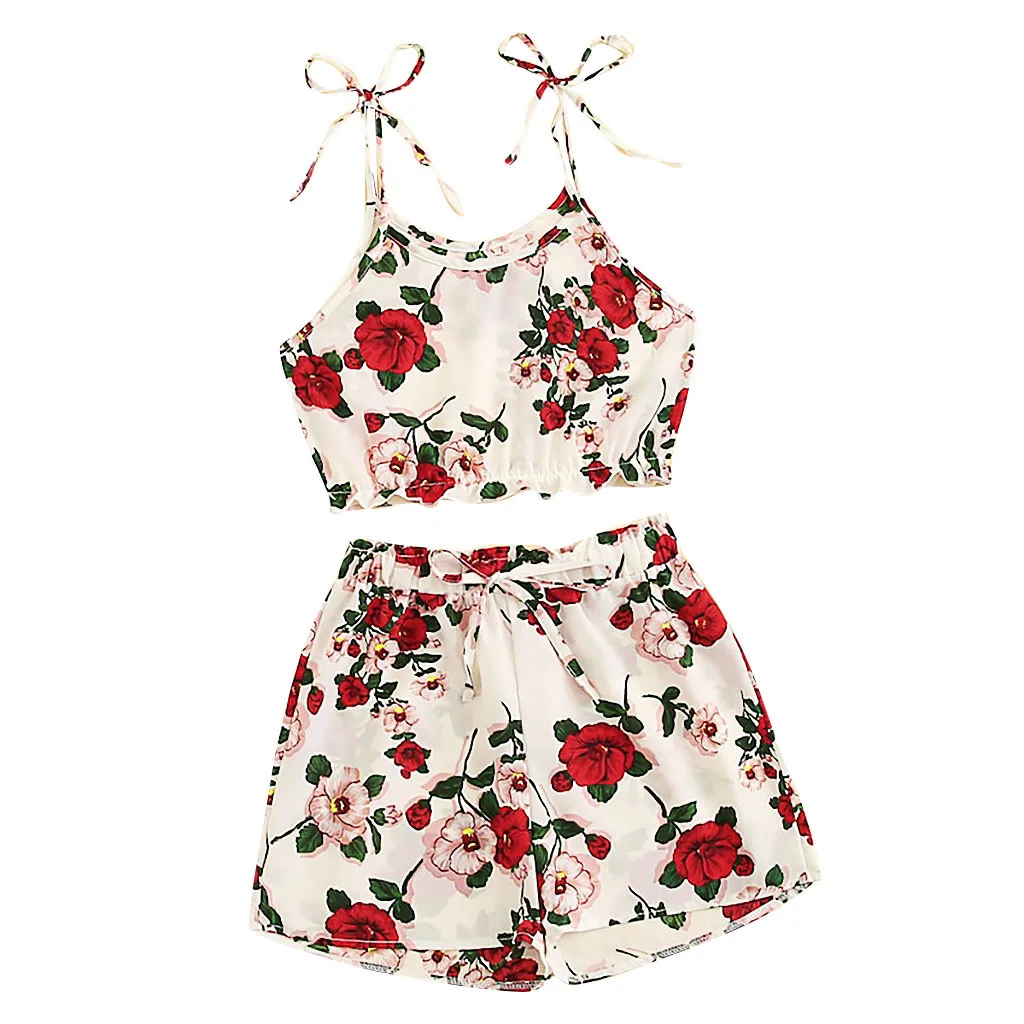Robe femme 2 шт. модный vestidos ver Женский Повседневный костюм цветочный принт жабо топики Топ жилет+ галстук шорты комплект летняя одежда для женщин