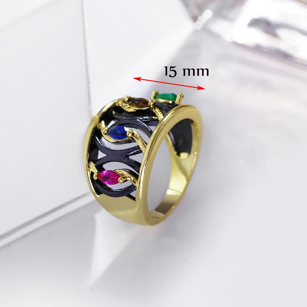 

Fashion designer black finger ring with multi colorful stones anel feminino anillos bague aneis jewelry copper rings for women