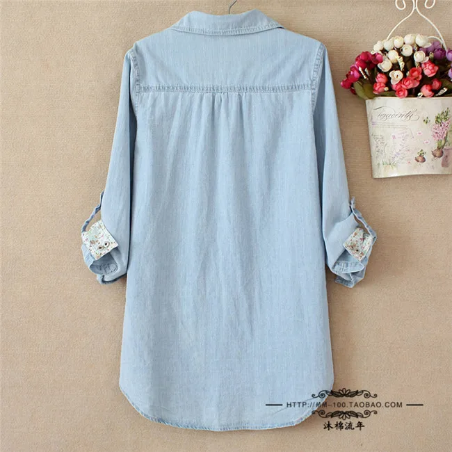 Для женщин блузка Демисезонный с длинным рукавом Повседневная джинсовая рубашка