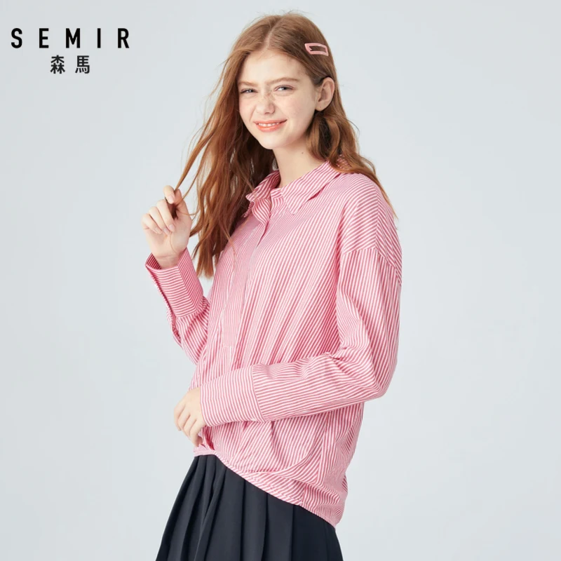 Женская Асимметричная рубашка SEMIR хлопковая блузка в полоску с длинными рукавами