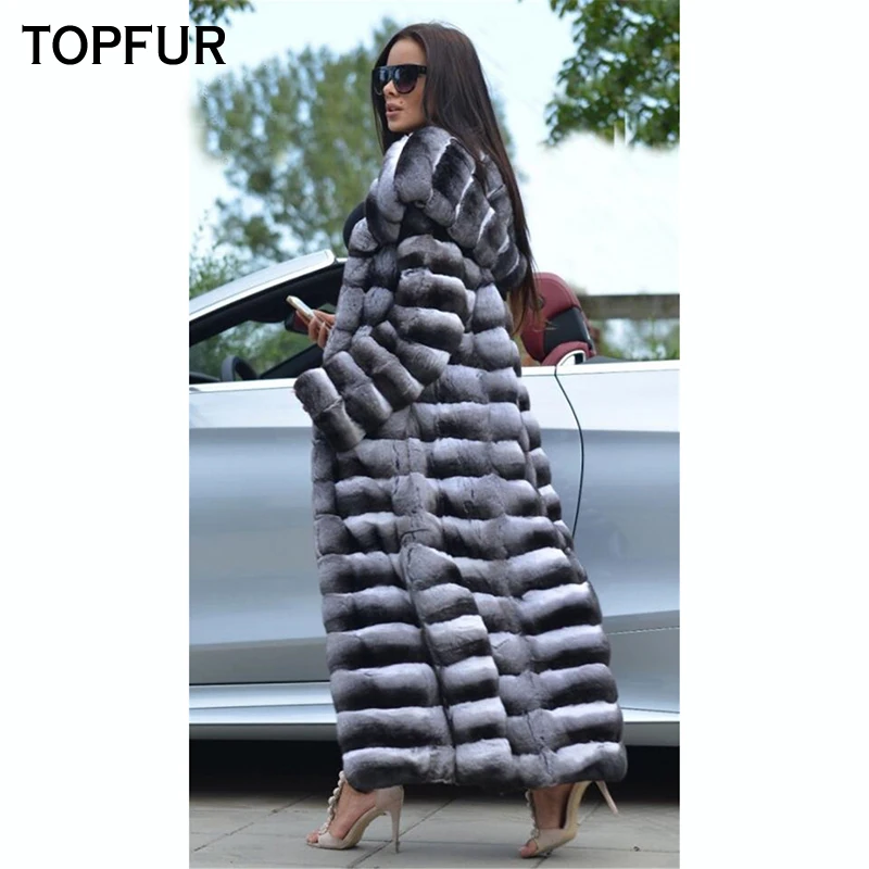 Женская Шуба с капюшоном TOPFUR Длинная зимняя шуба из меха Рекс и кроличьего |