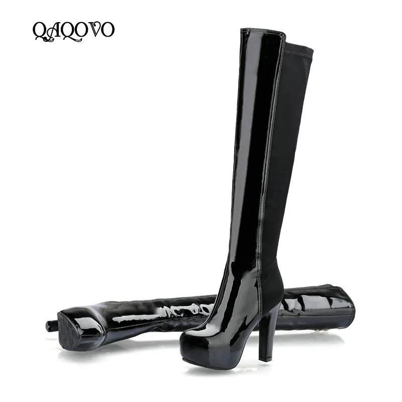 Женские лакированные кожаные сапоги до колена на платформе и высоком устойчивом