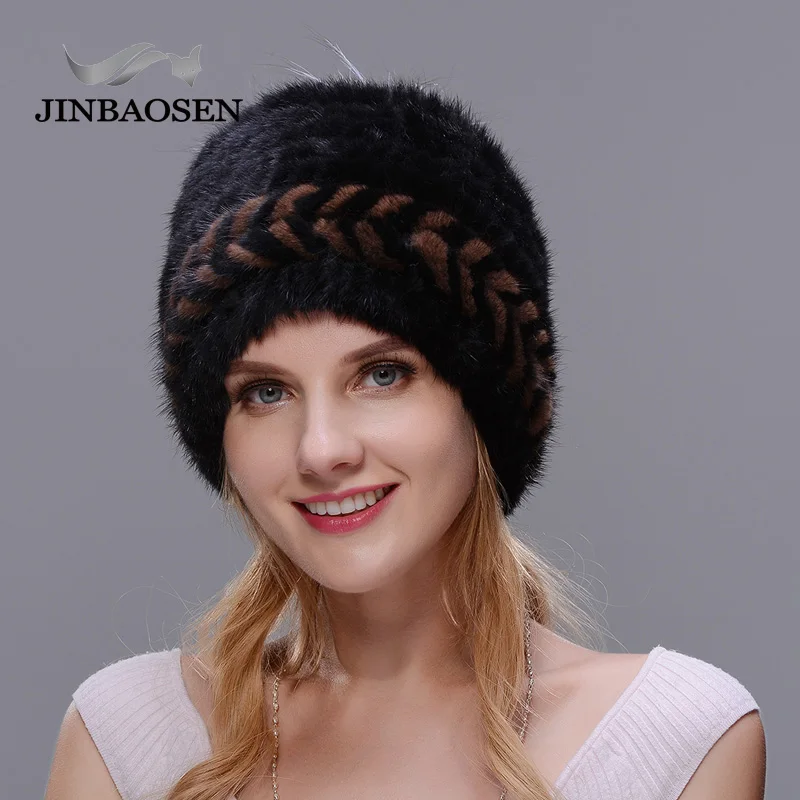 Женская шапка из натурального меха норки JINBAOSEN брендовая теплая вязаная с лисьим