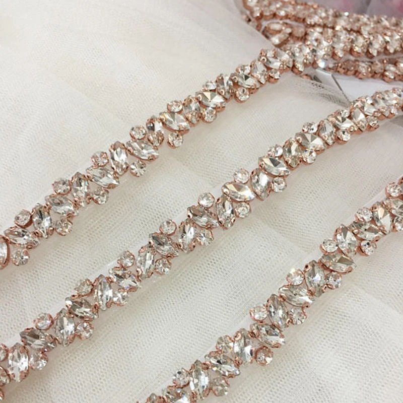 Rose Gold JLZXSY Мода Половина ярда серебро золото горный хрусталь кристалл отделка для свадебного пояса свадебные Sash подружек невесты ремень Стразы ободок для волос - Цвет: Rose Gold