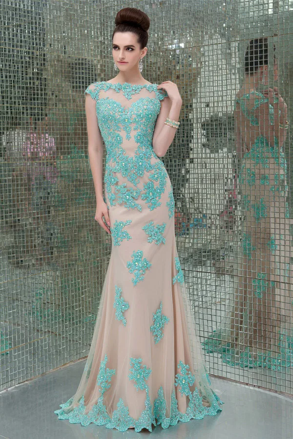 Custom Made Manual Tulle Scoop Cap Sleeve Appliques Fashion Stunning Floor Length Long Evening Dresses | Свадьбы и торжества