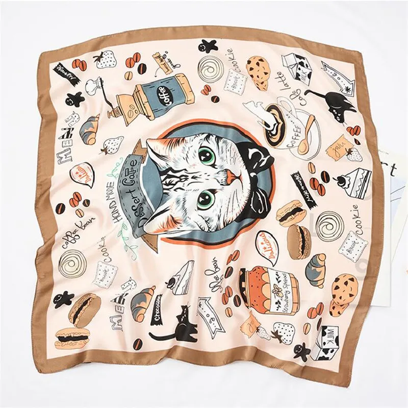 New 70x70cm Women Polyester Silk Scarf Cat Food Cute Printed Satin Small Square Wraps Scarves Shawl Headbands Ties handchiefs |