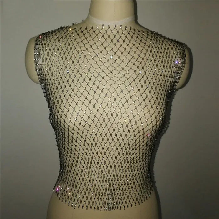 Black O-neck FestivalQueen Сексуальная Бриллиантовая сетка обрезанная майка женская летняя накидка бикини Прозрачная сетка со стразами вечерние клубный кроп-топ - Цвет: Black O-neck
