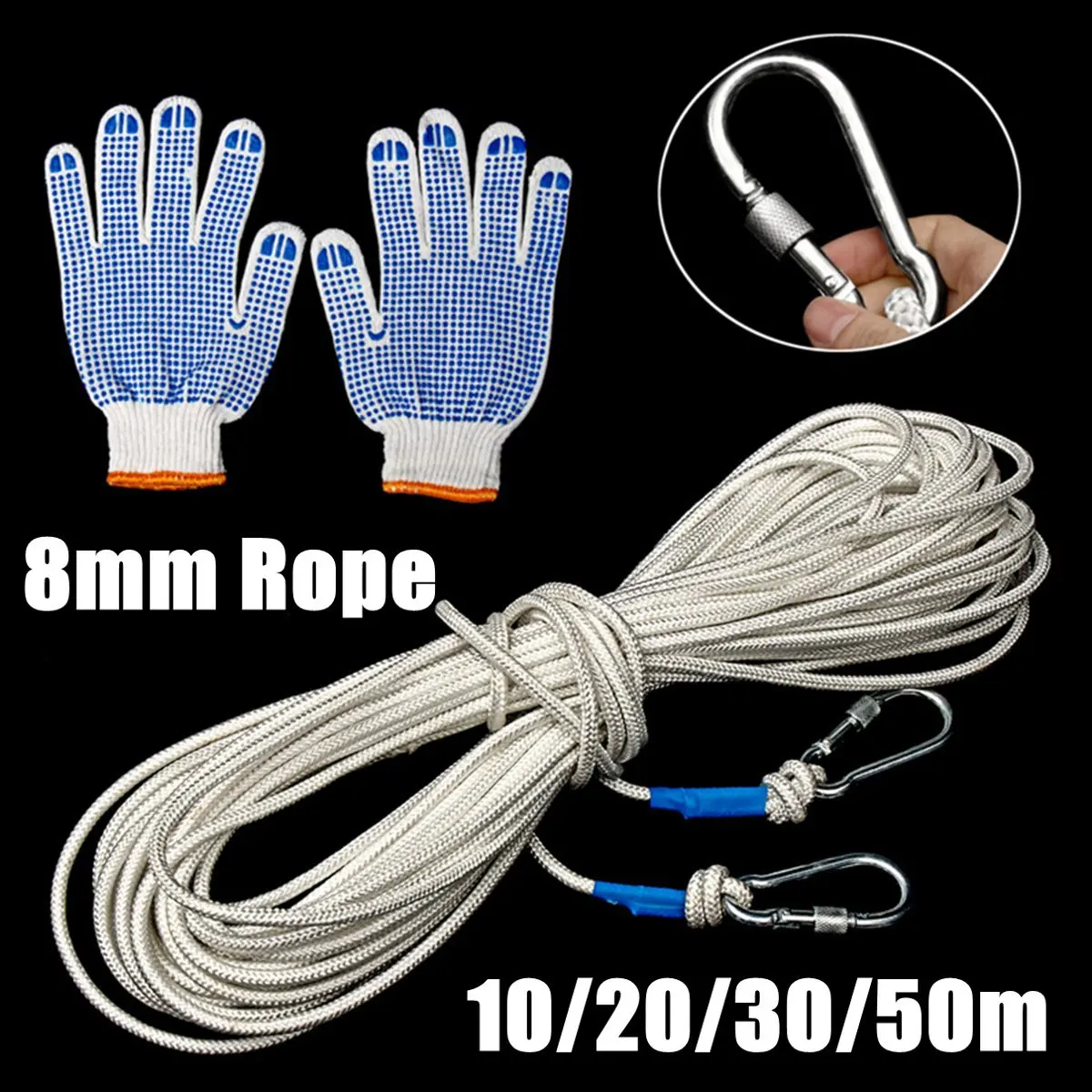 

10/20/30/50m Outdoor Rock Climbing Rope Tree Wall Equipment Gear Outdoor Survival Escape Safety Rope Carabiner 8mm