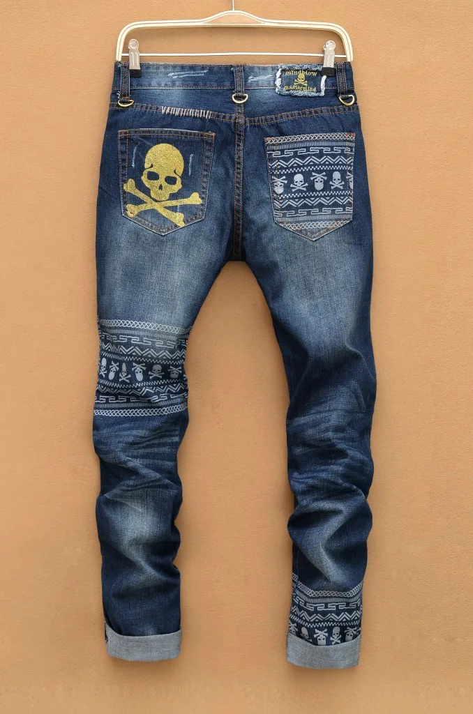 Джинсы мужские рваные Стрейчевые брюки из денима стиль хип-хоп с черепом размер