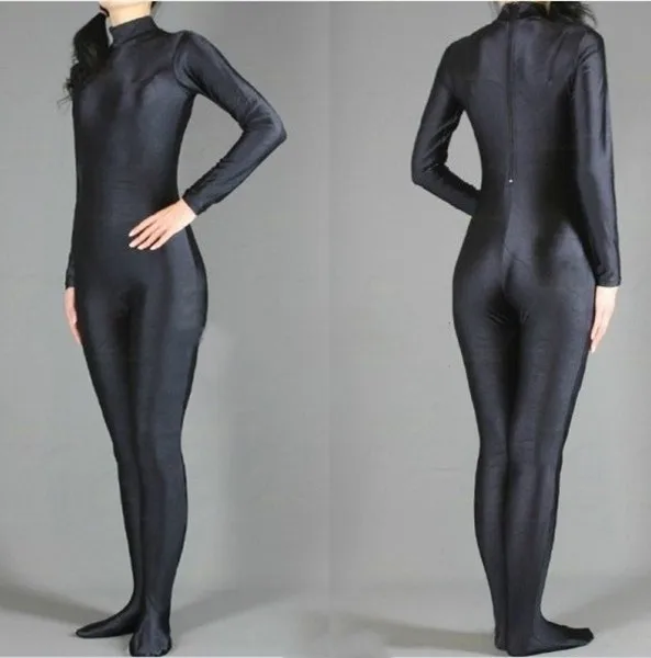 Женский комбинезон Zentai черный из лайкры с длинным рукавом и ложным воротником
