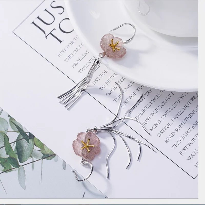 Женские Висячие серьги цветок сливы из натурального кварца с клубничкой серебро