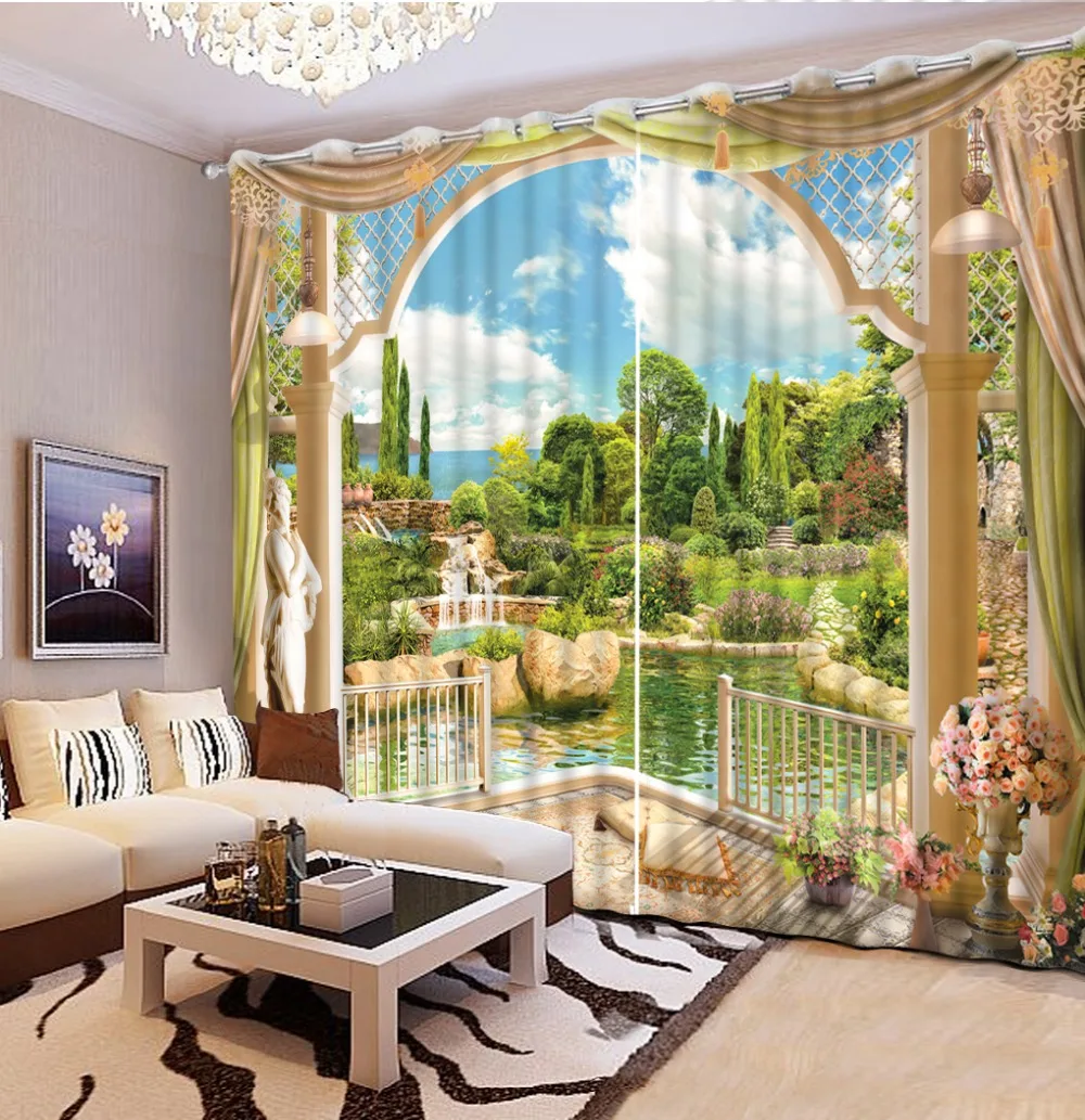 

3D Curtain European style, balcony park Scenery Digital Photo Printing Blackout 3D Curtains for Living Room Bedding Room Hotel