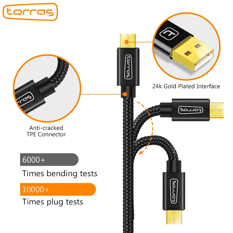 Torras Micro USB кабель Android плетеный нейлоновый Зарядное устройство быстрая зарядка