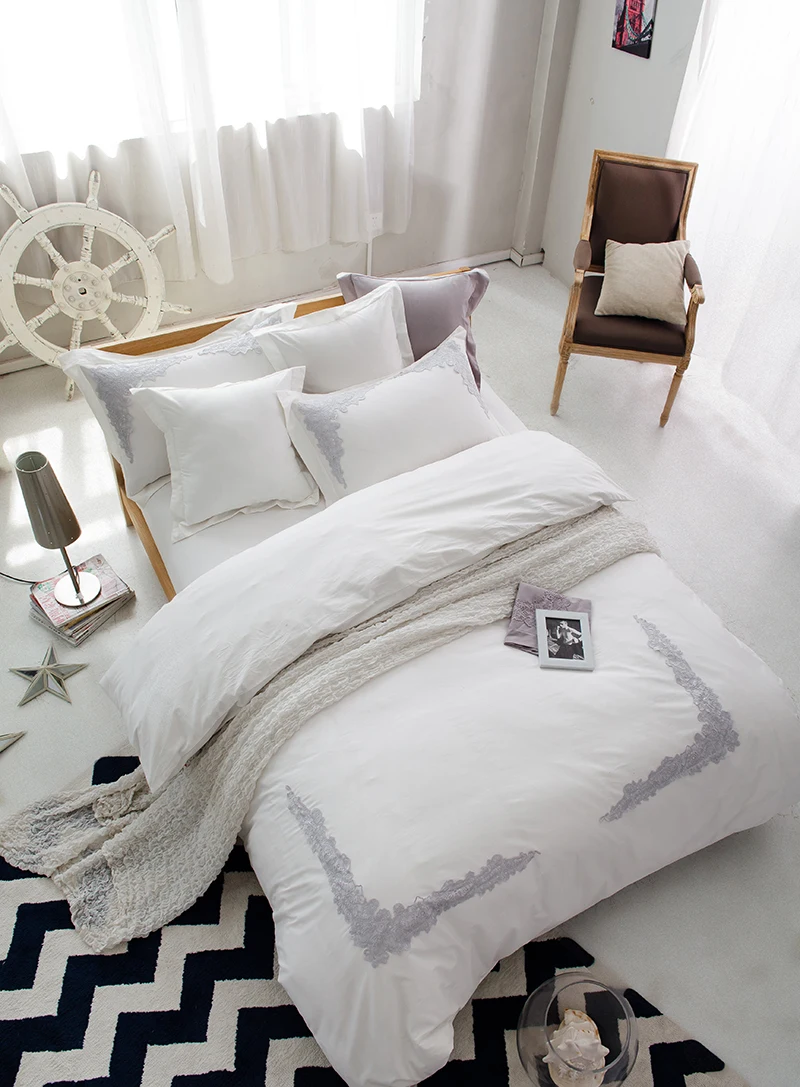 

Комплект свадебного постельного белья из 100% хлопка с белым кружевом, размер King/Queen, 4 шт., Комплект постельного белья для девочек, пододеяльни...