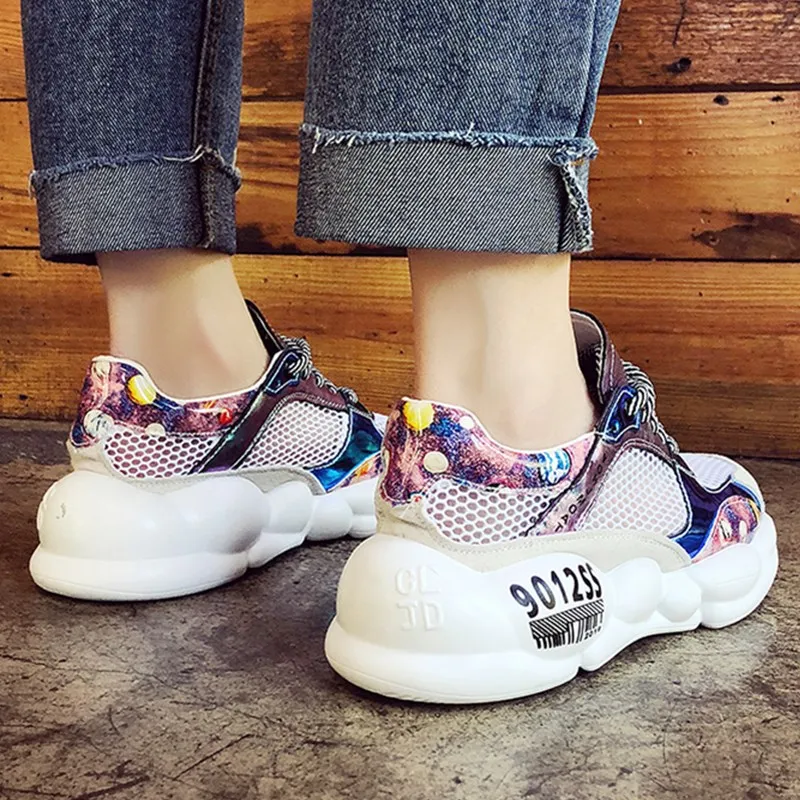 Женская обувь белые дышащие кроссовки на толстой платформе с сеткой для женщин