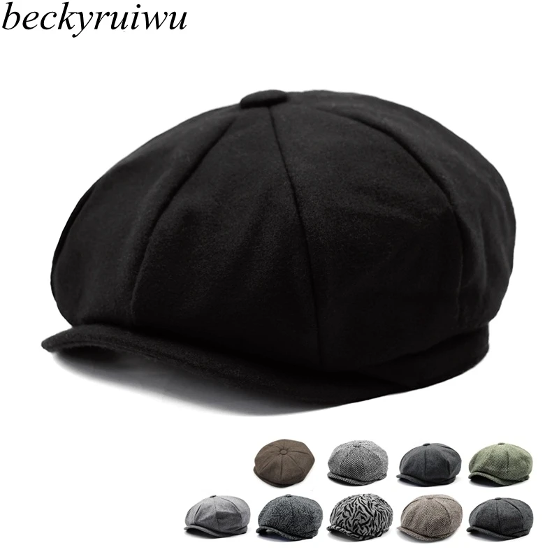 Beckyruiwu Мужская зимняя Утепленная одежда Фетр Кепки с закруглёнными полями для женщин Для мужчин открытый Причинно шерсть Берет Шапки Для женщин Octagon Кепки 21 Цвета