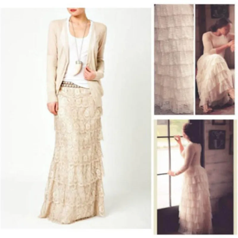 New2018 Women Double Lace Layer Chiffon Pleated Long Maxi skirt Elastic Waist Skirt | Женская одежда