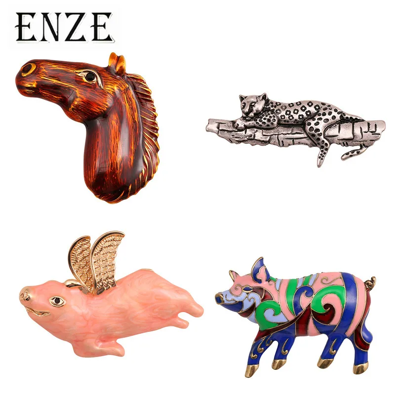 ENZE2019 new color enamel zinc alloy brooch Piggy horse head leopard animal badge accessories wholesale | Украшения и аксессуары